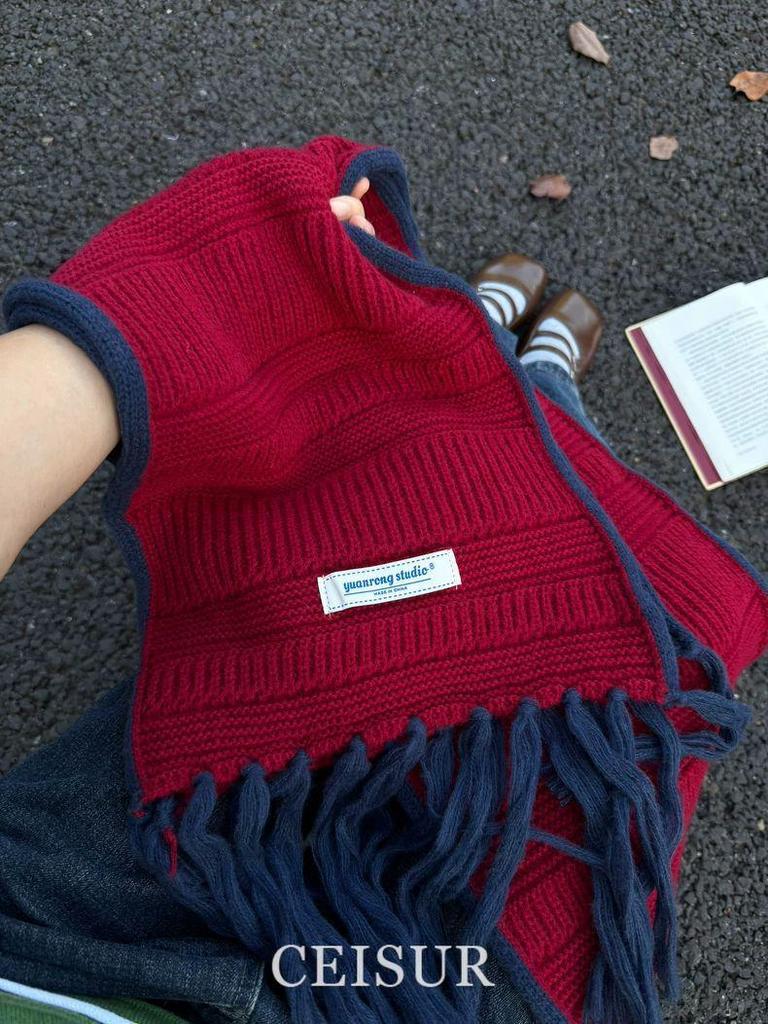 2025 Autumn/Winter Red Tassel Knitted Scarf: Women's Versatile High-End Whitening Neck Warmer & Shawl, Ideal Christmas Gift.