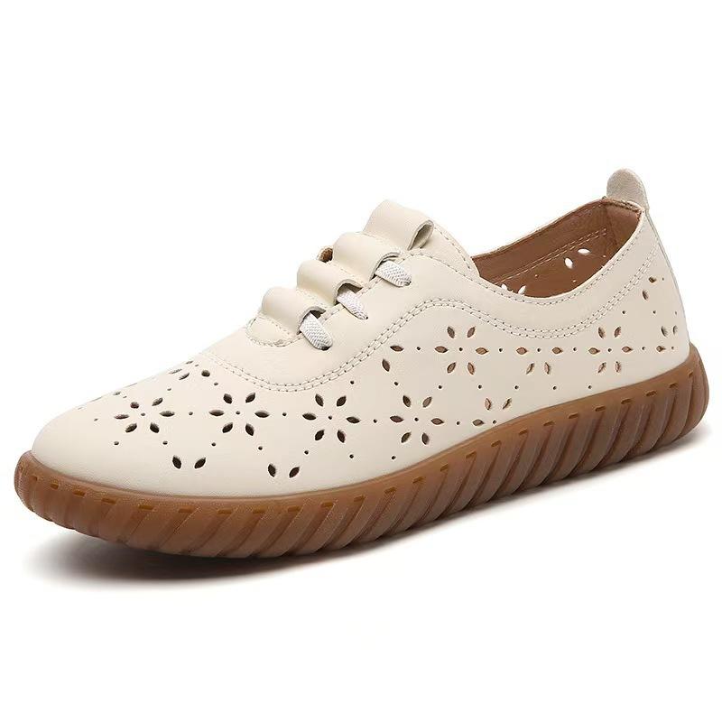 Soft Leather Beef Tendon Soft Sole Doudou Shoes Middle-aged and Elderly Flat Shoes Single Shoes Women's One-pedal Hollow Hole Shoes Lazy Shoes