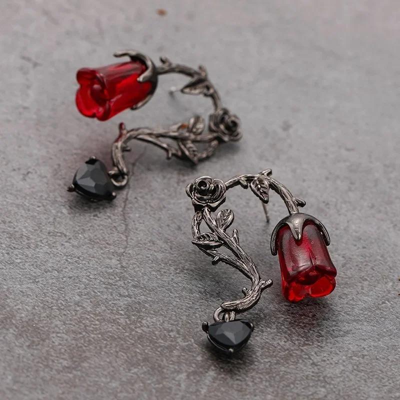 New Punk Gothic Dark Exquisite Thorn Vine Red Rose Blossom Earrings For Women Fashion Jewelry Holiday Party Accessories Gifts