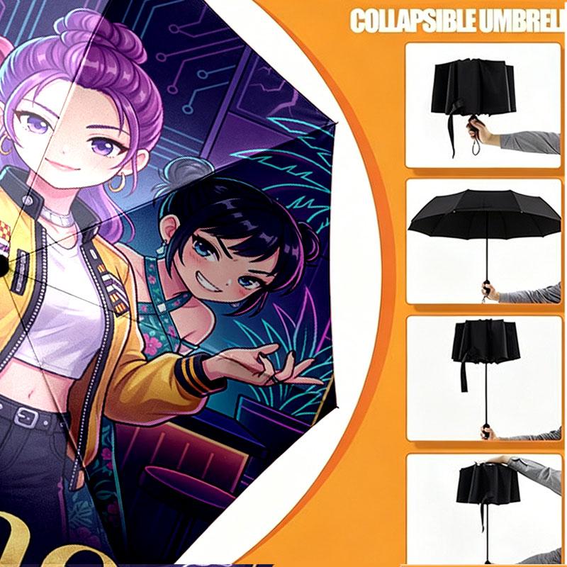 Custom Name Personalized Kpop Demon Hunter Print Umbrella, Auto Open Close, 8‑Rib Sturdy Frame, Commute Camping Hiking Use, Birthday Gift