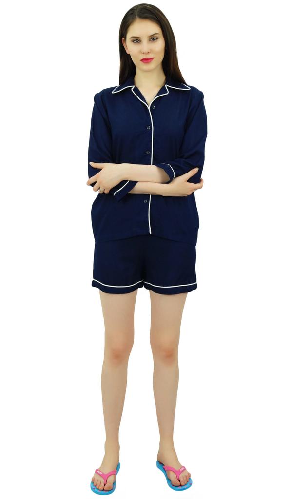 Bimba Button-Down Shirt With Elastic Waist Shorts 2 Pcs Full Sleeve Night Wear