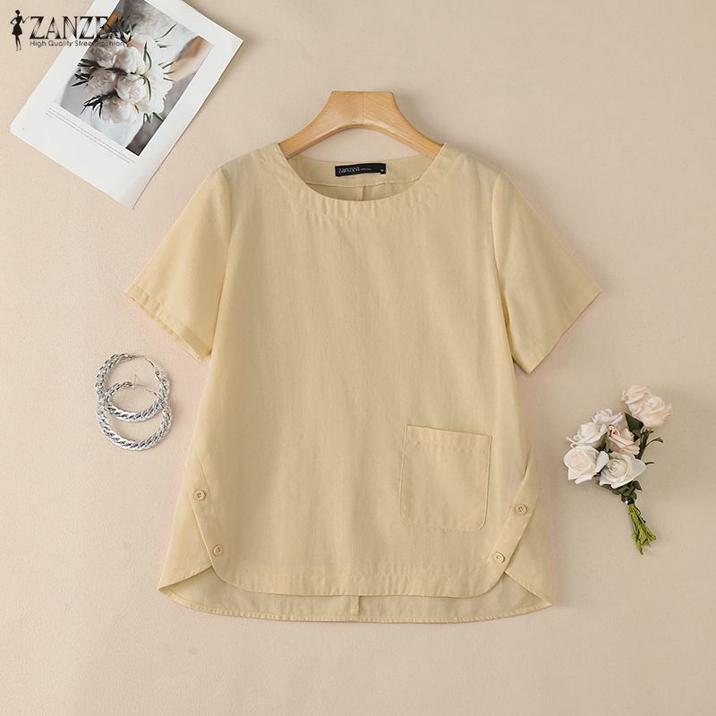 ZANZEA Blusa Feminina Casual Gola Redonda Cor Sólida Manga Curta Soltinha