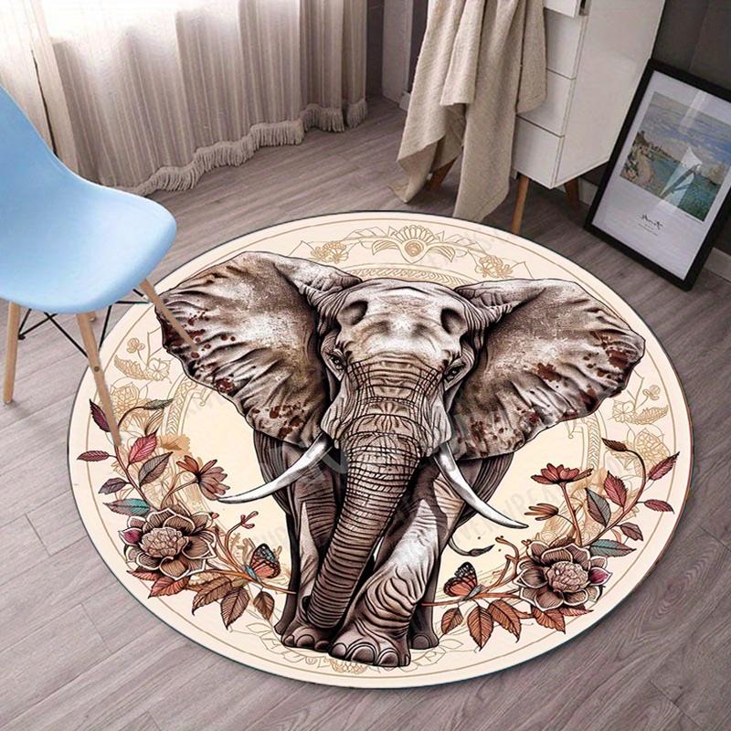 

Elephant withFlowers Round Rug Vintage Animal Art Design Bohemian Style Floor Mat for Living Room Bedroom Home DecorCenterpiece 60cm x 60cm