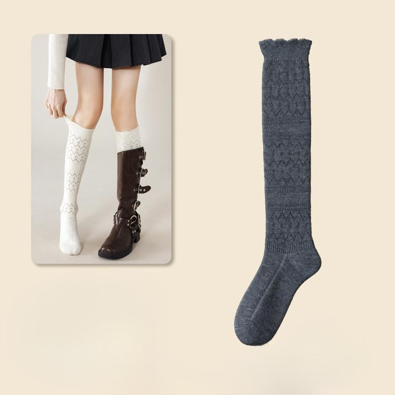 Short Leg Stockings - Autumn/Winter Style with Openwork Lace and Solid Color. Long Stockings for Girls and Women. Trendy Pile-style Stockings.