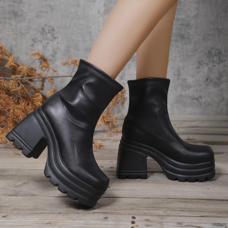 Women New Fashion Short Boots Women Sexy Leather Boot Square Toe Casual Zipper High Heels Casual Thick Soled Women Shoes
