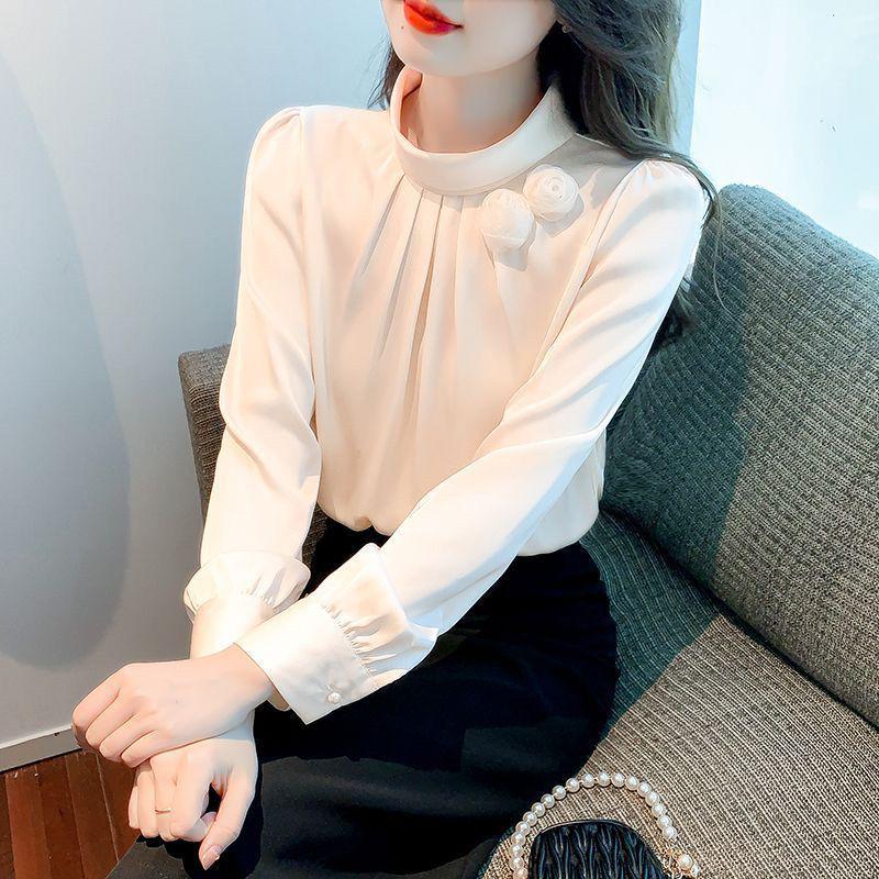Women's Slim Fit Satin Stand Collar Shirt - Spring/Autumn Casual Long Sleeve Solid Color.