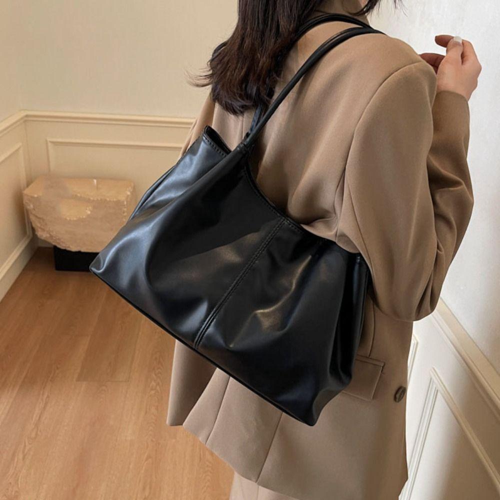 French Style Underarm Bag Large Capacity Solid Tote Bag Fashion PU Leather Shoulder Bag  Travel