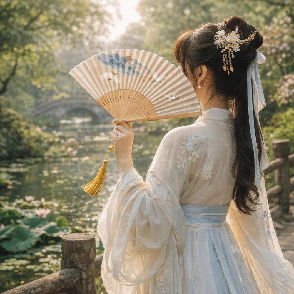 Vintage Bamboo Folding Fan Crane Pattern Traditional Double Side Fan with Tassel Classical Carved Hollowed-Out Fan