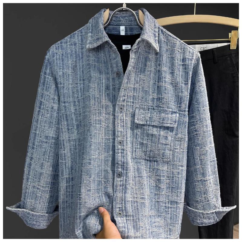 Camicia in Denim da Uomo Vintage Lavato e Texturizzato Manica Lunga Bottoni Tasca sul Petto Casual Vestibilità Larga Camicia in Jeans