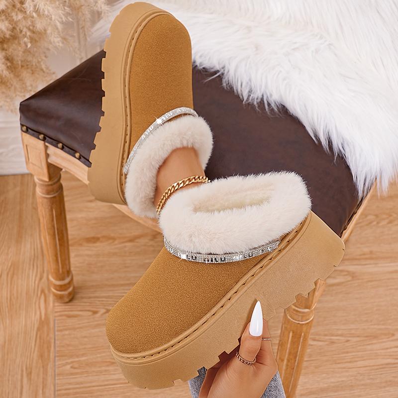 Fashion Crystal Strap Fur Ankle Boots Women Warm Short Plush Platform Snow Boots Woman Comfort Non Slip Thick Sole Cotton Shoes