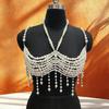 Faux Pearls Beaded Harness Bra Chest Chain for Women’s Party and Beach Clubwear Tassels Body Jewelry Bralette Crop Top