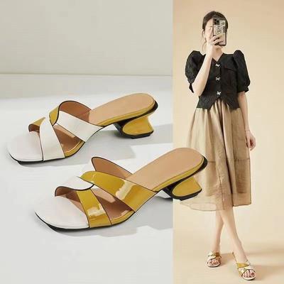 Summer Versatile Mid Heel Fish Mouth Knitted Square Head Women's Sandal Slippers