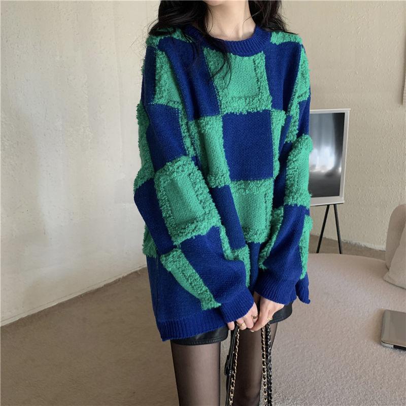 Plaid Sweater Women's Thickened Loose Pullover Round Neck Knitted Top Checkerboard Plaid Knitted Sweater Autumn Winter Loose Lazy Style High-end Sense