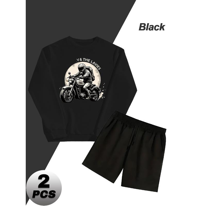 2 Piece Polyester Men s Outfit Crew Neck Sweatshirt and Shorts Casual Daily Tracksuit XXL чёрный