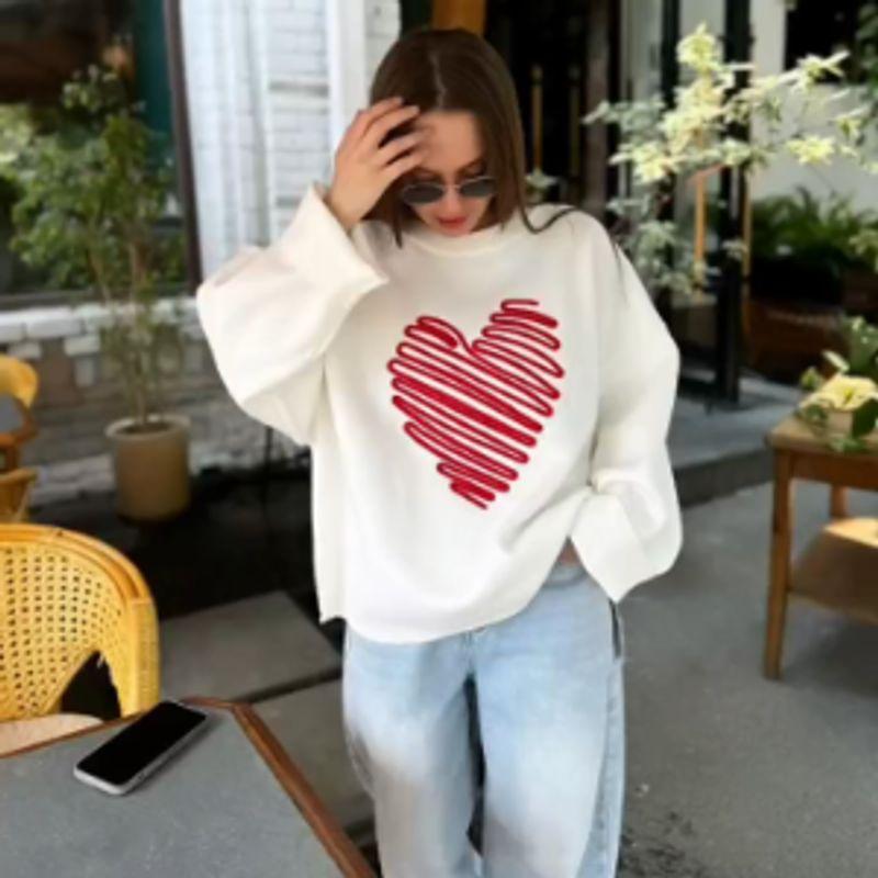 

Western Style Autumn Heart Knitted Top Loose Temperament Sweater Loose Heart-Shaped Sweater White S