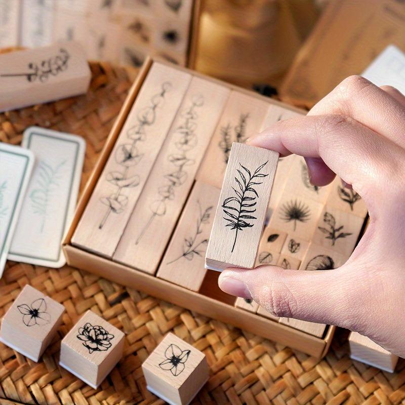 30pcs/set Natural Plants Leaf Flower Wooden Stamp Set Collage Junk Journal Scrapbooking Card Making Standard Stamps.