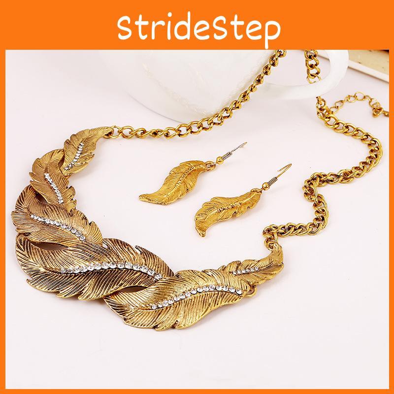 Rhinestone Decoration Fashion Feather Design Women Gold Necklace And Set Earring