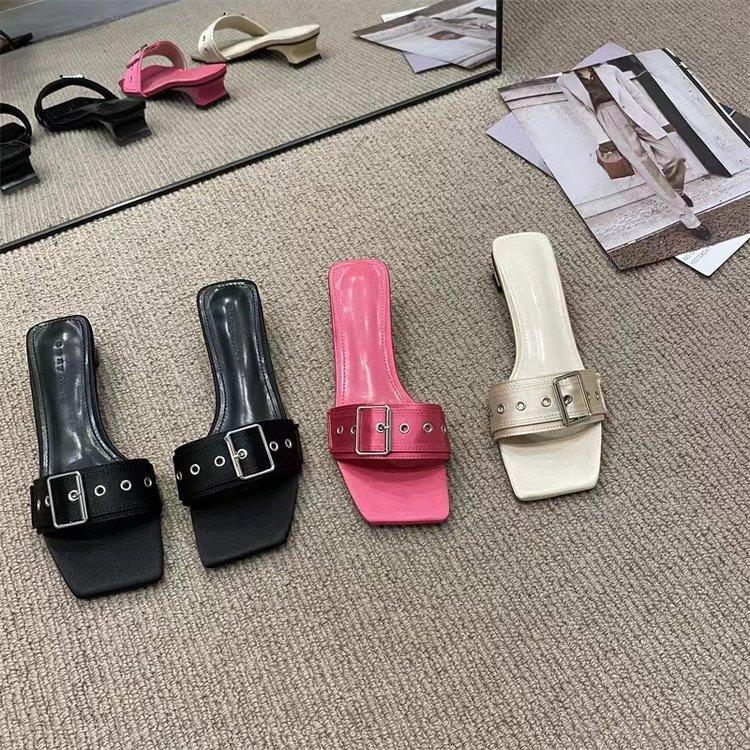 Fashion Belt Buckle One-word Outer Wear Medium Heel Sandals Special-shaped and Slippers Women