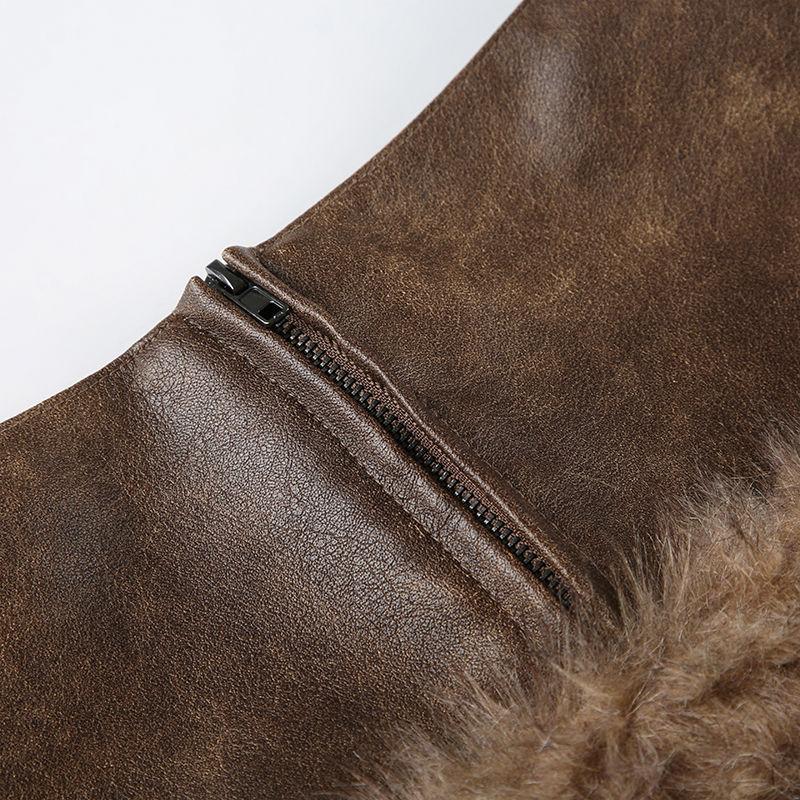 Fashion Fur Patchwork Leather Skirt Women's Short Low Waist Slim Fit Hot Girl Hip Skirt