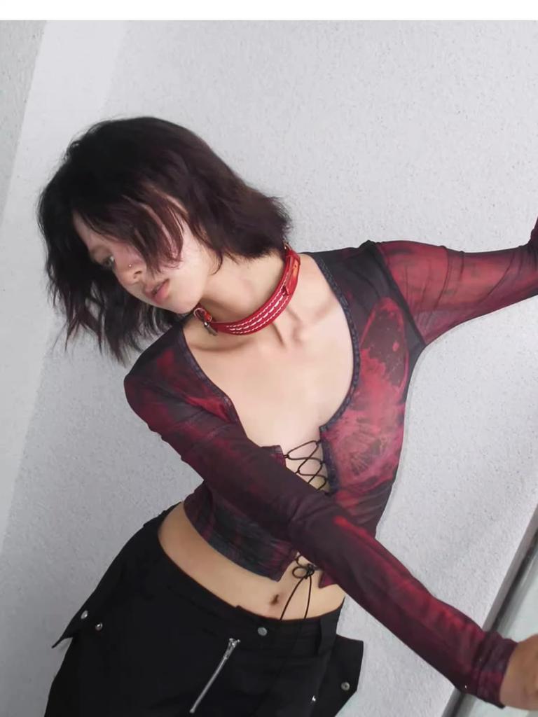 Short Sheer Dark Fairy [NAMEOF] Lace-up Top, Core, Grunge, Y2K, Women's, See-through, Red, Sexy, Cut-and-Sew