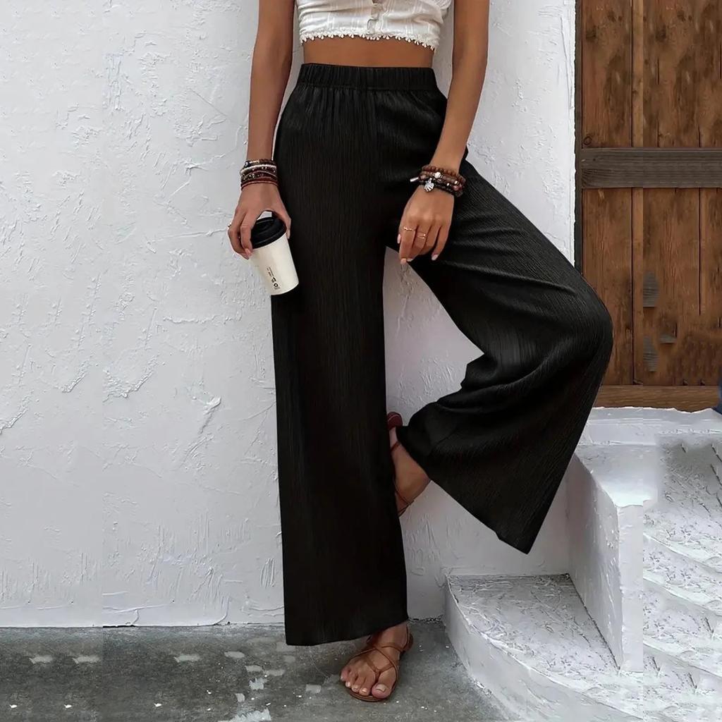 Womens Fashionable Solid Color Loose Fit High Waisted Straight Leg Casual Pants
