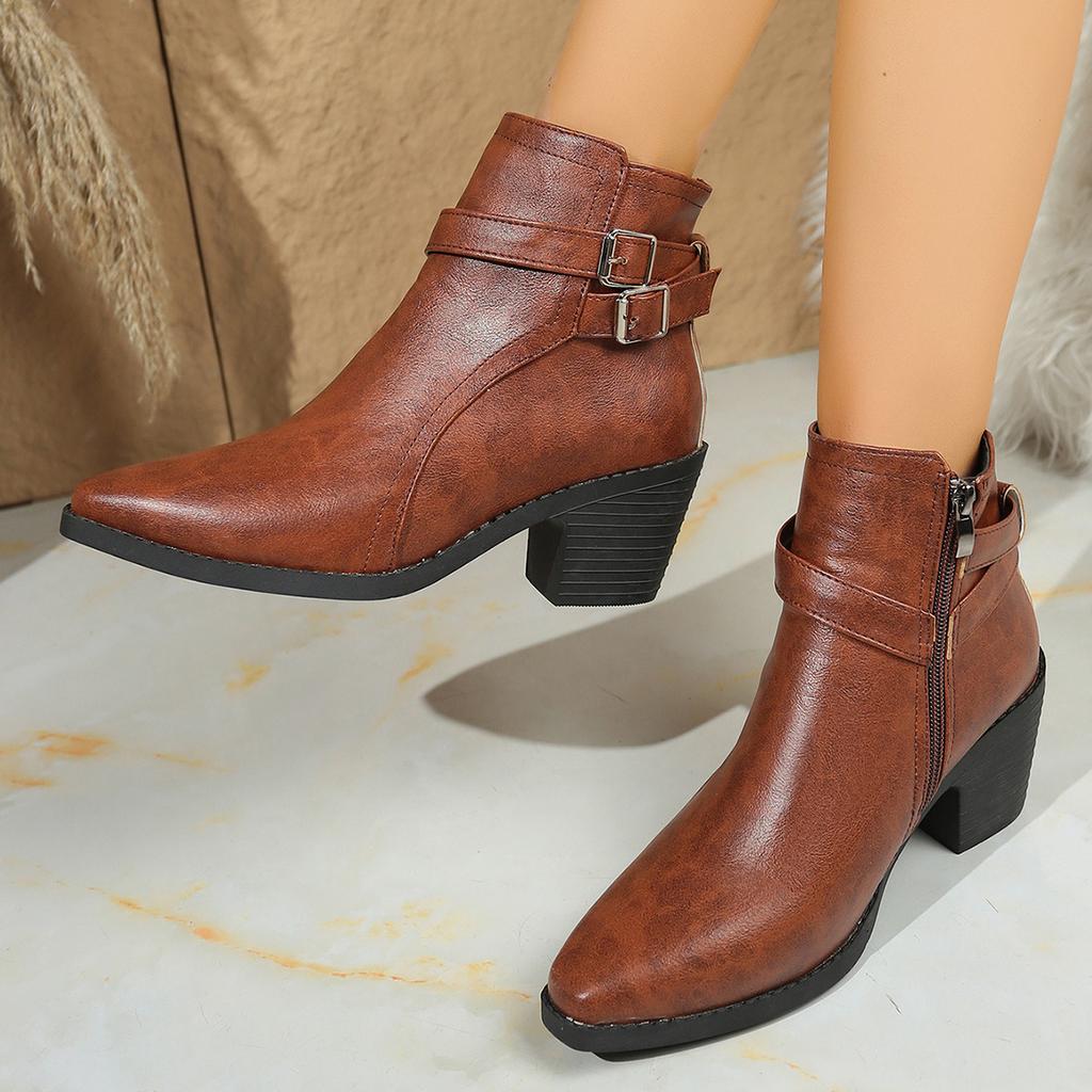 British High-heeled Martin Boots Plus Size Autumn Belt Buckle Side Zipper Thick-heeled Fashion Boots 43