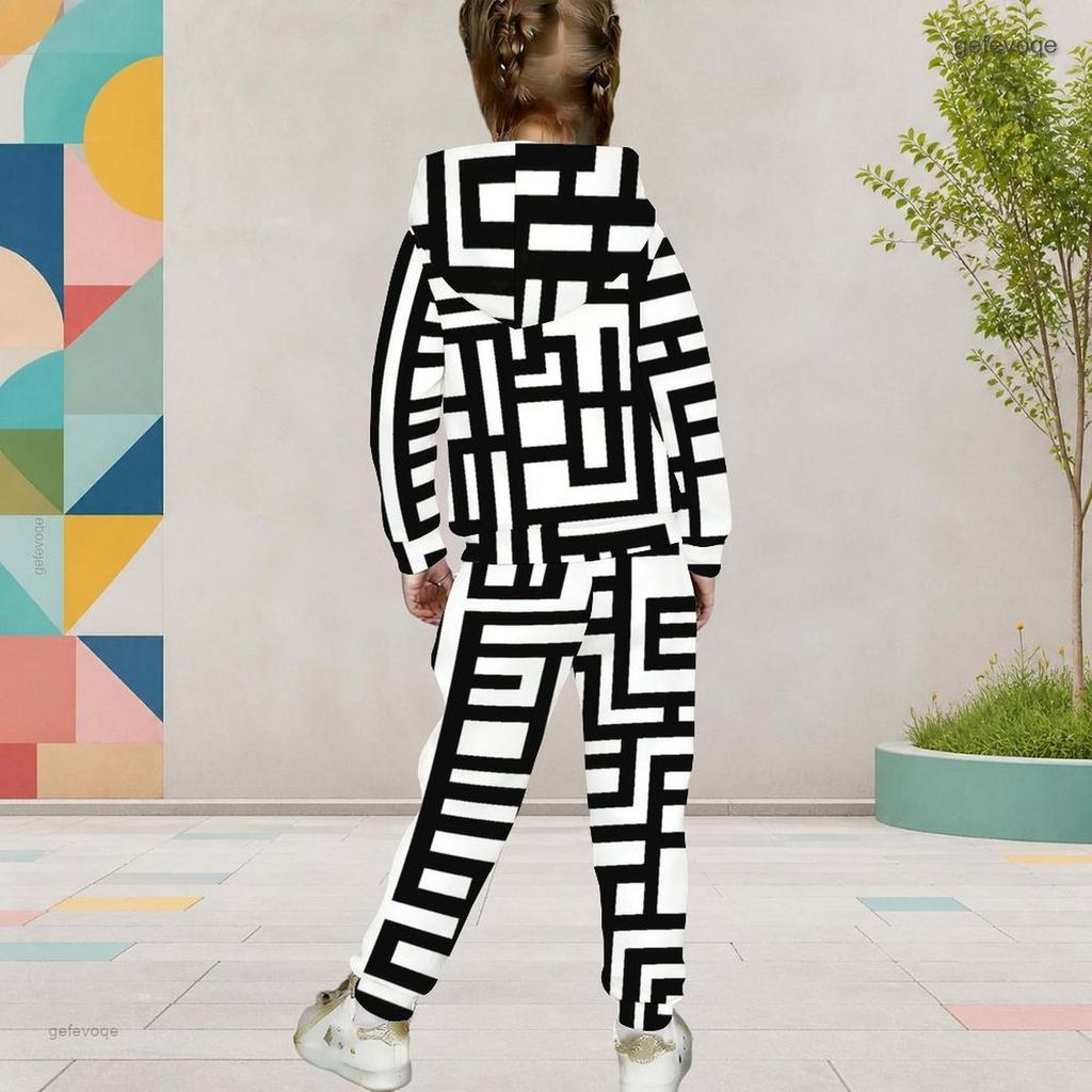 Girls Geometric Printed Hooded Long Sleeve Kangaroo Pocket Cuffed Pants Two Piece Set