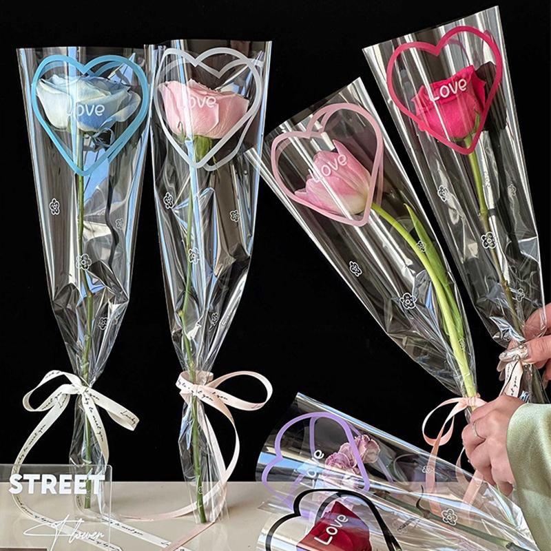 50Pcs Love Transparent Rose Packaging Bags Flower Bouquet Plastic Bag Bouquet Wrapping Paper One Straight Bag Flower Packaging