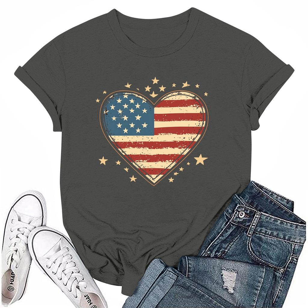 Damska Codzienna Okrągły Dekolt T-shirt z Nadrukiem na Dzień Niepodległości Krótki Rękaw Top z Literami