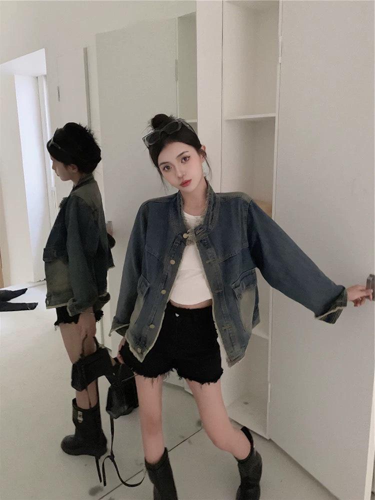 Hong Kong Retro Washed Raw Edge Denim Jacket for Women - Spring/Autumn Korean Style, High-End Loose Slimming Fit