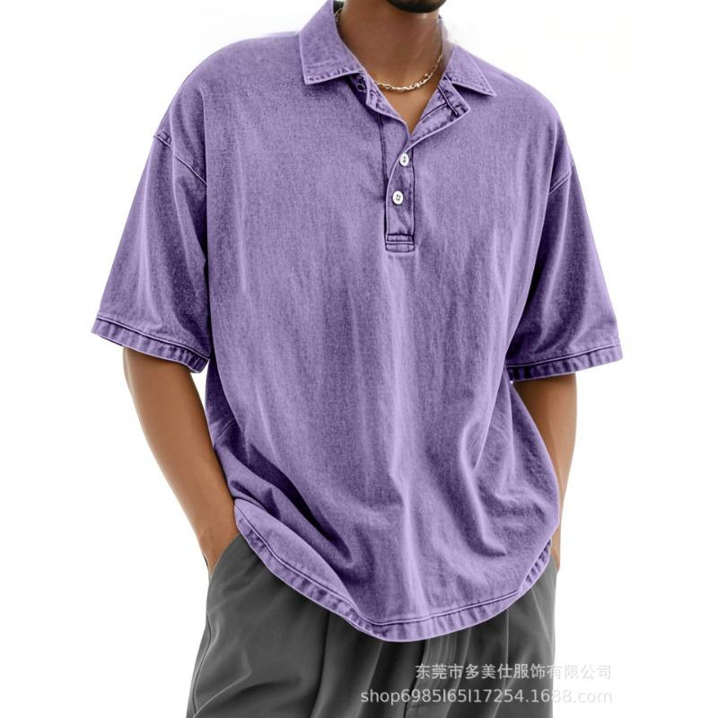 Mens Casual Washed Solid Color Drop Shoulder Short Sleeve Polo Shirt
