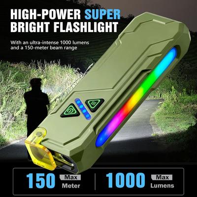 1000 Lumens RGB LED Flashlight with Colorful Side Light Rechargeable Work Light Magnetic Clip On Pocket Light Emergency Working