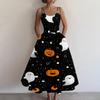 Women's Sleeveless Halloween Print Dress Vintage Style Round Neck Casual Fit and Flare Midi Dress with Spaghetti Straps and Festive Pattern