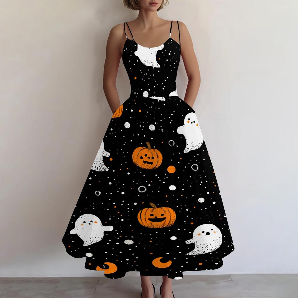 Women's Sleeveless Halloween Print Dress Vintage Style Round Neck Casual Fit and Flare Midi Dress with Spaghetti Straps and Festive Pattern