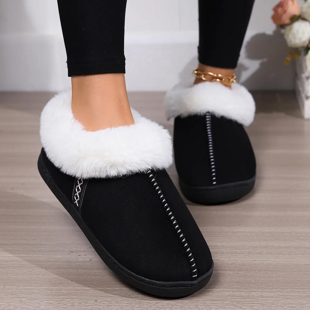 Women Winter Warm Cotton Shoes Soft Sole Indoor Home Fluffy Slippers Woman Comfortable Flat Heels Non Slip Faux Fur Slippers