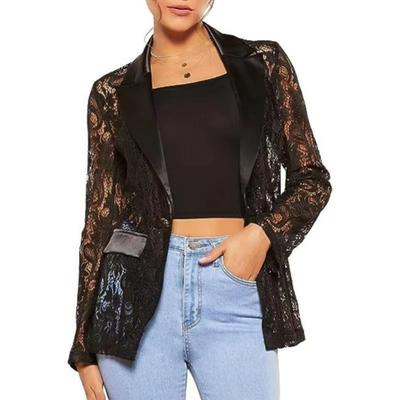 Ladies Floral Lace Mesh Single Button Lapel Long-sleeved Elegant Suit Jacket