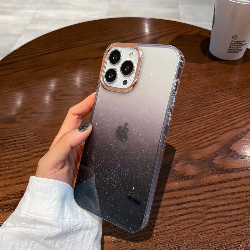 Applicable To Apple 17proMax Single Color Mobile Phone Case Gradient Glitter Powder IPhone 16 Metal Lens Ring 15 Protection Case