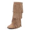 Plus Size Frosted Suede Material Three Sections Of Tassels Fine Stripes Flat Bottomed Sloping Heels Retro Midsole Boots