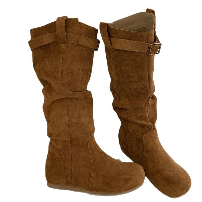 Sheepskin Version Retro High Tube Inner Height Increase Boots Women's Autumn and Winter Two Wear Pile Boots Flat Western Cowboy Boots Knight Boots