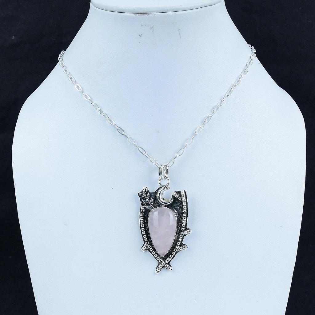 Natural Rose Quartz Gemstone Silver Pendant In 925 Sterling Silver- Handmade Design, Everyday Wear Jewelry, Unique Pendant Party Wear Gift