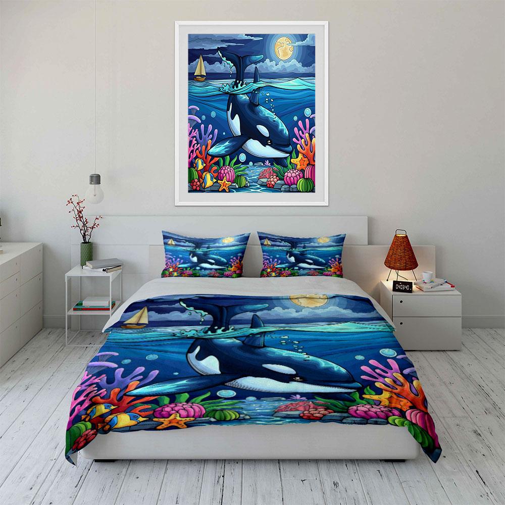 Orca, coral, fish, moon. Bedding sets Duvet cover sets Duvet covers Pillowcases(1*Duvet Cover 2*Pillowcases without duvet insert)