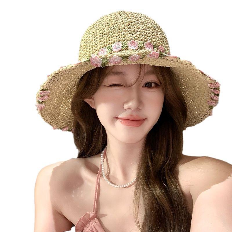 Idyllic Small Fresh Flowers Fisherman Straw Hat Seaside Vacation Beach Face Small Straw Foldable Sunshade