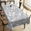 Minimalist Grey Linen-Textured Tablecloth with White Leaf Print, Scalloped Edge, Stain Resistant, for Dining Room & Casual Home