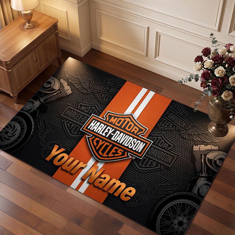 Tappeto in Velluto di Cristallo Personalizzato Harley-Davidson, Tappeto Morbido Antiscivolo con Testo Nome Personalizzato per Soggiorno Camera da Letto