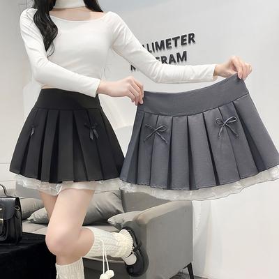 Rok met plooien en strik Effen kleur Kant A-lijn rok Zomer College stijl Rok met hoge taille Anti-blootstelling