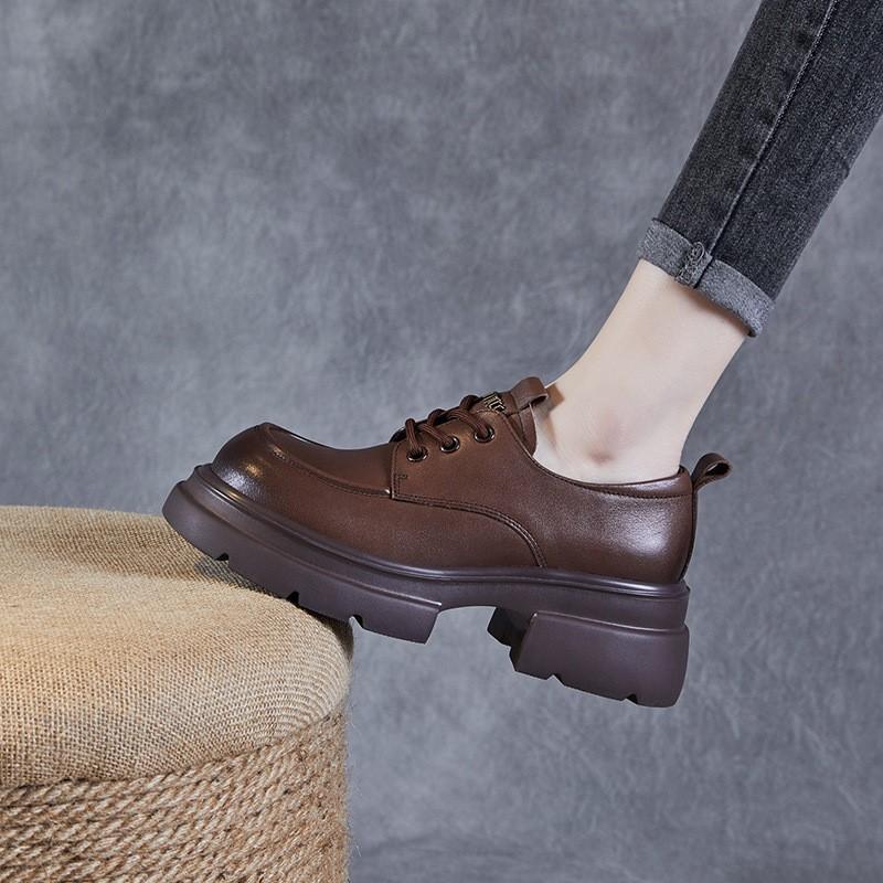 Johnature Thick Soled Genuine Leather Women's Shoes Versatile Lace Up British Style Height Increasing Pumps