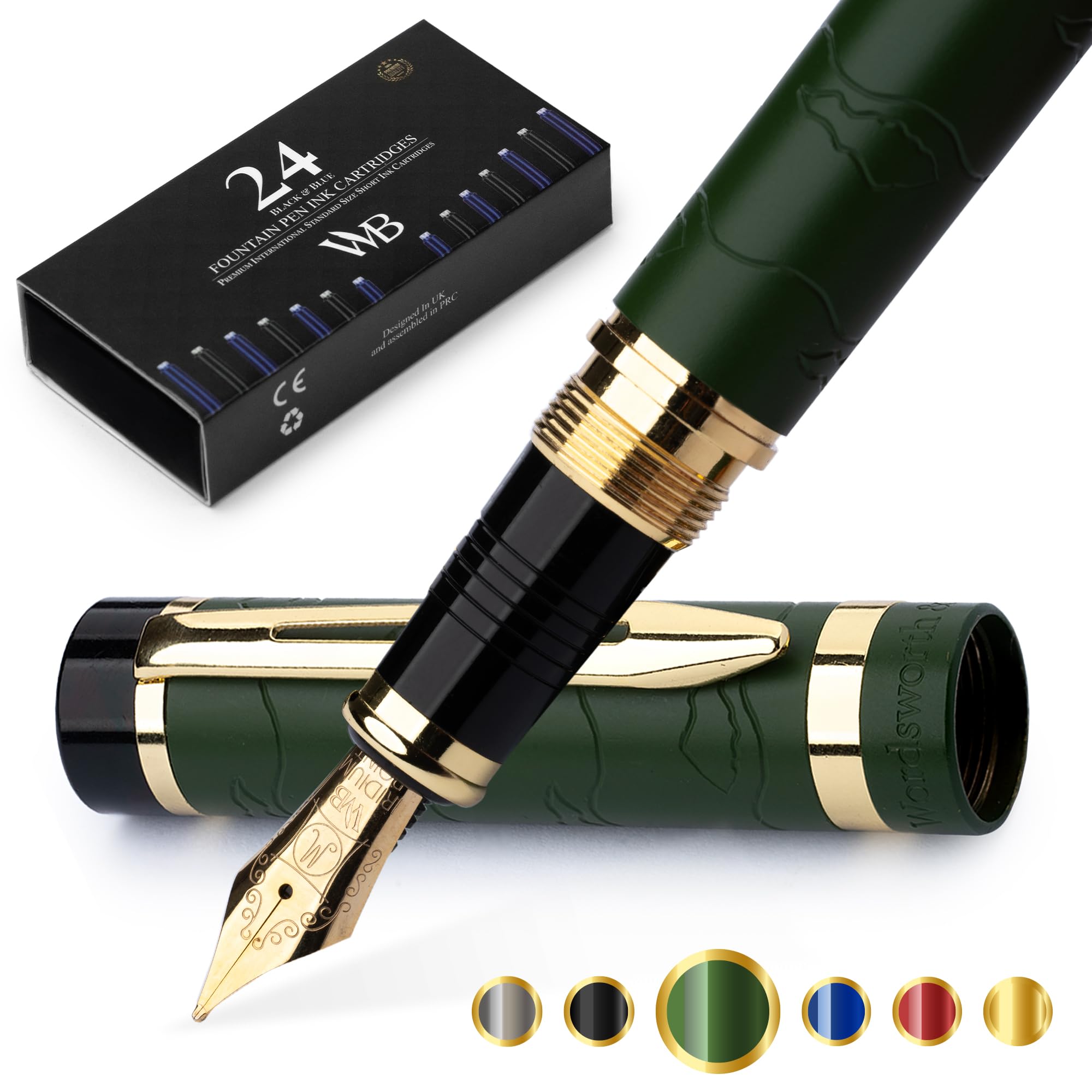 

Wordsworth Black Primoli Fountain Pen Set with Medium Gift 24 Ink Refill and Perfect for and Smooth and & [Green Gold] Nib, Case, Cartridges,