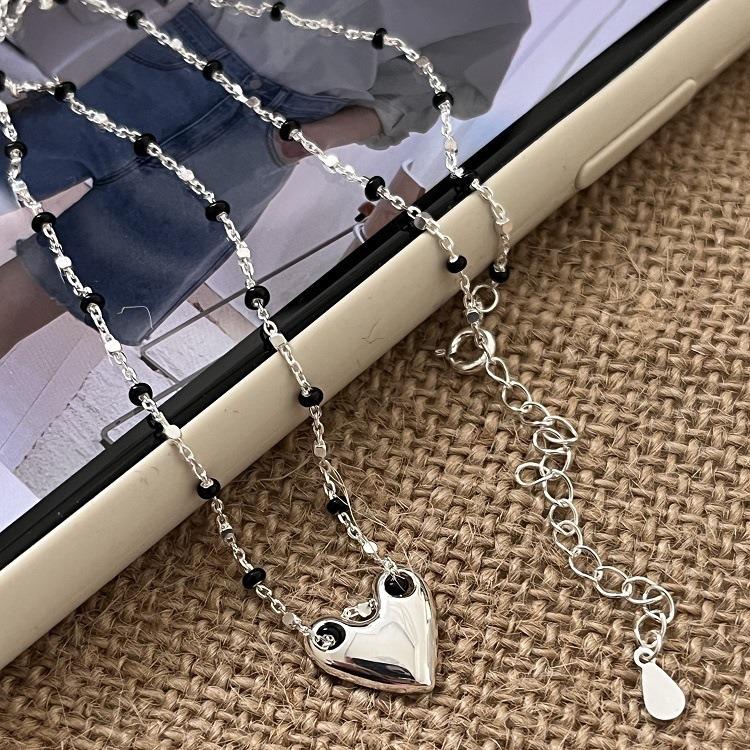 Sterling Silver Heart Pendant Necklace with Black Bead Clavicle Chain - Women's Niche Design, INS Style