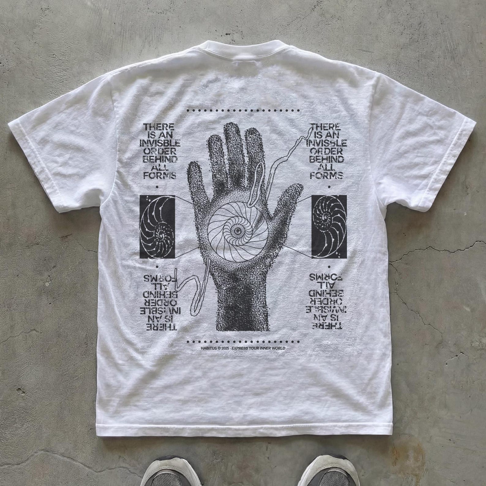 Vintage unisex T-Shirt with Fibonacci spiral hand graphic, sacred geometry snail print, minimalist nature art, streetwear tee 2XL