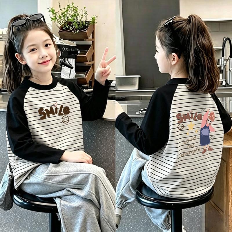 Korean Girls' Striped Cotton Long-Sleeve T-Shirt for Spring/Autumn - Medium & Large Children